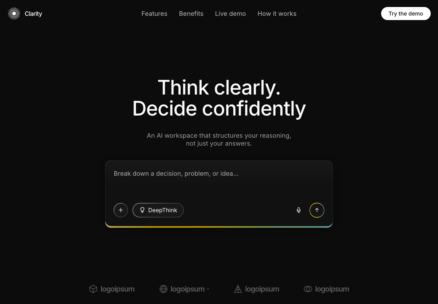 Clarity desktop landing page with a centered headline and yellow-to-teal composer glow