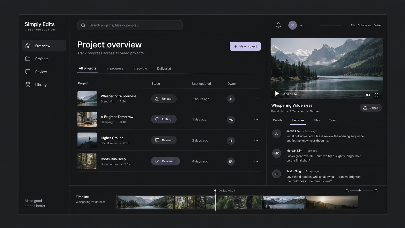 Illustrative admin dashboard with project states and revision notes
