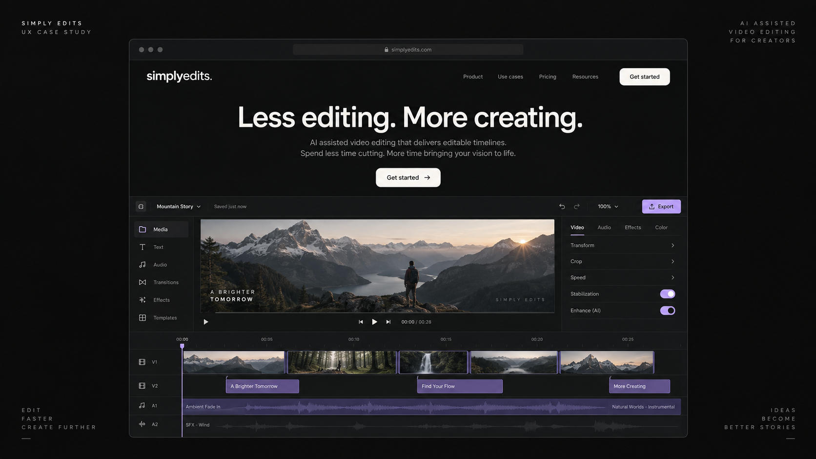 Illustrative landing page and editing timeline for Simply Edits